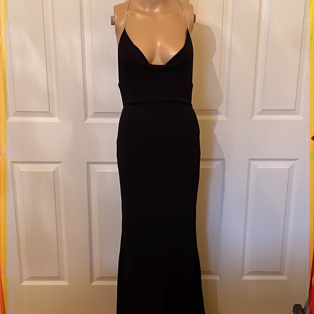 1001Nights black backless evening/prom dress with chain straps and train sz9/10 - Picture 5 of 6